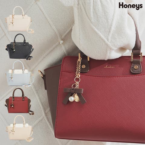 Honeys（ハニーズ） | バッグ 鞄 ハンドバッグ ショルダーバッグ リボンモチーフ 合皮 フェイクレザー ベーシックカラー ガーリー レディース Honeys ハニーズ チャーム付ハンドバッグ