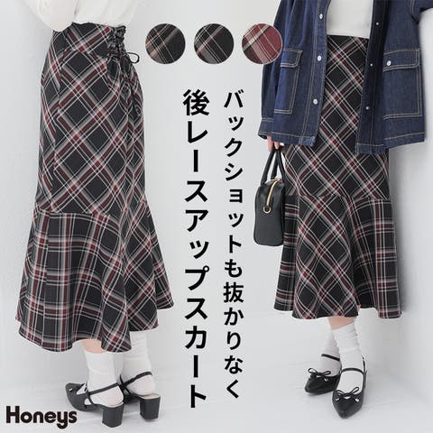 Honeys（ハニーズ） | ボトムス スカート ロングスカート ロング丈 フレアスカート レースアップ チェック柄 ツイル素材 裏地付き レディース Honeys ハニーズ 後レースアップスカート