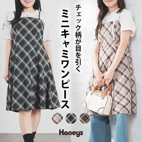Honeys（ハニーズ） | 【ハニーズ】ワンピース キャミワンピース ノースリーブ ミニ丈 大きいサイズ ミニワンピース チェック柄 ストレッチ レディース Honeys ハニーズ ミニキャミワンピース