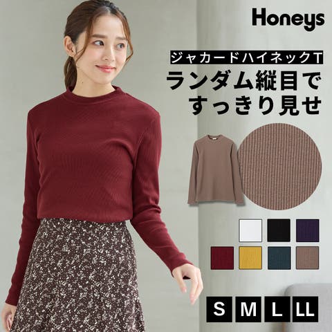 Honeys（ハニーズ） | トップス Tシャツ ロンＴ 長袖Tシャツ カットソー 長袖 ハイネック ジャカード 綿混 リブ シンプル レディース Honeys ハニーズ ジャカードハイネックＴ