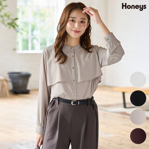 Honeys（ハニーズ） | トップス ブラウス 長袖 大きいサイズ オフィス きれいめ ケープ風 再生ポリエステル 無地 ドレープ レディース Honeys ハニーズ ケープ風ブラウス