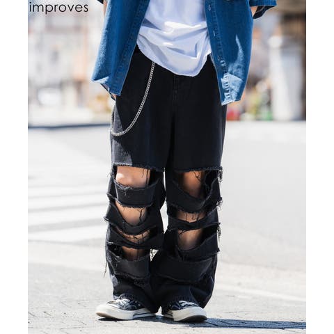 improves（インプローブス） | デニムパンツ メンズ クラッシュ ダメージ加工 ワイドパンツ ストレート ジーンズ ストリート アメカジ カジュアル 韓国ファッション スケーター 古着MIX