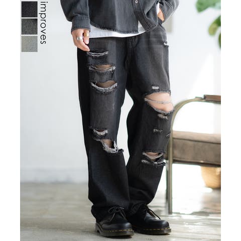 improves（インプローブス） | デニムパンツ メンズ ダメージ クラッシュ バギーパンツ ジーンズ ワイドパンツ 大きいサイズ ゆったり アメカジ カジュアル ストリート スケーター 韓国