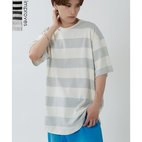 improves（インプローブス） | 半袖Tシャツ メンズ ワイド ボーダー カットソー クルーネック オーバーサイズ 大きいサイズ ゆったり カジュアル マリン ストリート ブラック グレー