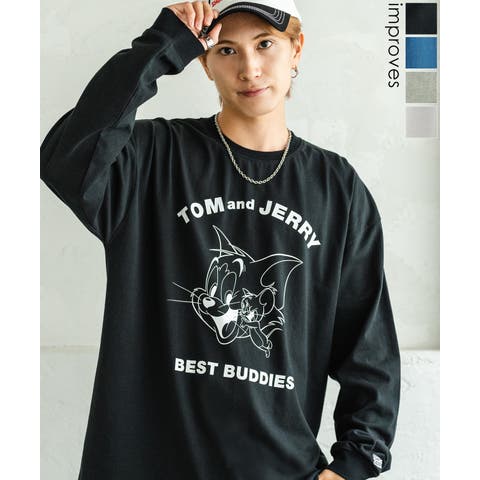 improves（インプローブス） | 長袖Tシャツ メンズ TOM&JERRY トムとジェリー プリント ロゴ刺しゅう カットソー ロンT カートゥーン 大きめ アメカジ カジュアル スケーター ストリート 古着MIX