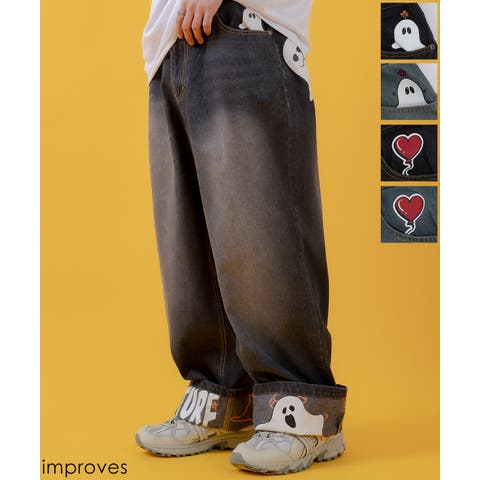 improves（インプローブス） | デニムパンツ メンズ レディース プリント使いロールアップデニム パンツワイドパンツ アメカジ カジュアル スケーター ストリート 古着MIX 韓国
