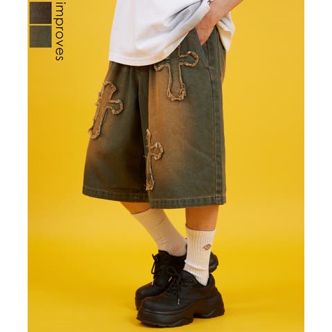 improves（インプローブス） | デニムパンツ メンズ クロスパッチ フリンジ ウォッシュ ワイドパンツ ショートパンツ デニム 西海岸 アメカジ カジュアル スケーター ストリート 古着MIX 韓国