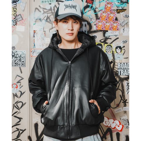 improves（インプローブス） | パーカー メンズ フェイクレザー PUレザー フードブルゾン フーディー 大きめ アメカジ カジュアル ワーク スケーター ストリート 90s 古着MIX 韓国ファッション