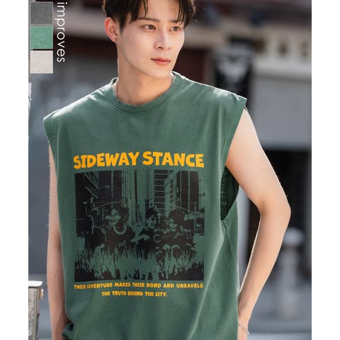improves（インプローブス） | Tシャツ メンズ SIDEWAY STANCE サイドウェイスタンス ピグメント加工 ヴィンテージ加工 バンドプリント ノースリーブ カットソー スケーター ストリート 韓国