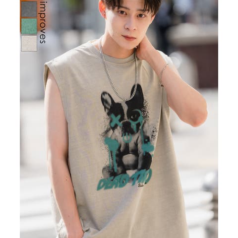 improves（インプローブス） | Tシャツ メンズ SIDEWAY STANCE サイドウェイスタンス ピグメント加工 ヴィンテージ加工 ドッグプリント ノースリーブ カットソー スケーター ストリート 韓国