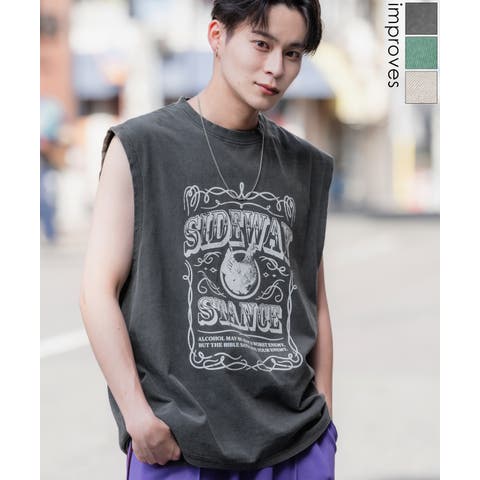improves(インプローブス) | Tシャツ メンズ SIDEWAY STANCE サイドウェイスタンス ピグメント加工 ヴィンテージ加工 ラベルプリント ノースリーブ カットソー スケーター ストリート 韓国
