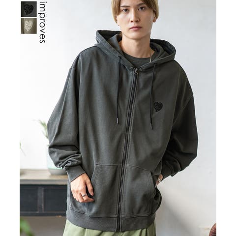 improves（インプローブス） | パーカー メンズ SIDEWAY STANCE サイドウェイスタンス ピグメント加工 ハート 刺しゅう ジップアップ パーカー オーバーサイズ スケーター ストリート 韓国