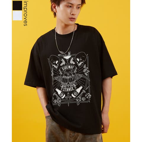 improves（インプローブス） | Tシャツ メンズ SIDEWAY STANCE サイドウェイスタンス 半袖 カットソー ドランクスカル アメカジ カジュアル Y2K ストリート 古着MIX 韓国 ブラック ホワイト