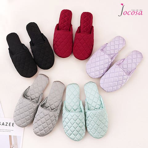 JOCOSA（ジョコサ） | ルームシューズ スリッパ キルティング シルク 室内履き ぺたんこ ステッチ フラット かわいい 疲れにくい 涼しい おしゃれ レディース 春 夏 秋 冬 新作 ブラック 黒 レッド 赤 グレー 灰 ミントグリーン 緑 パープル 紫 S M L JOCOSA 9025