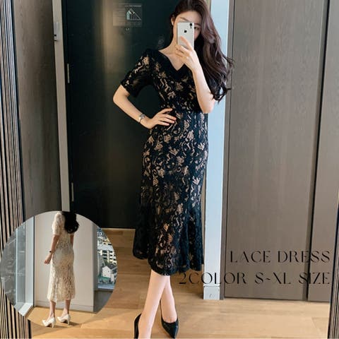 JS FASHION（ジェーエスファッション） | ワンピース 結婚式 二次会 同窓会 成人式 マーメイドワンピース パーティードレス 総レースワンピース ロングワンピース ロングドレス ロング丈 Vネック 半袖 きれいめ 華やかおしゃれ 上品 好印象 ガーリー S M L XL 大きいサイズ 披露宴 黒 ベージュ JSファッション