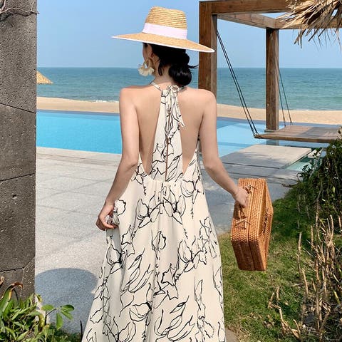 JS FASHION（ジェーエスファッション） | リゾートワンピース レディース 夏 ロングワンピース バックオープン ホルターネック 花柄 ワンピース Aライン マキシワンピ 海 ビーチ 旅行 リゾート 体型カバー ノースリーブ 海辺コーデ カフェ巡り