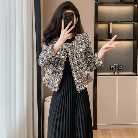 JS FASHION（ジェーエスファッション） | ツイードジャケット 全2色 ノーカラー ジャケット フリンジ オフィス 羽織り 黒 茶 春アウター 秋アウター 大人 きれいめ 普段着 好印象 ガーリー おしゃれ 上品 エレガント セレモニー ビジネス 通勤 オフィス 成人式 二次会【ypy8310251】