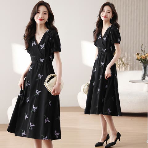 JS FASHION（ジェーエスファッション） | 花柄ワンピ ウエストリボン Vネック 半袖 フレアワンピース 花柄 ワンピース Aライン ワンピース 大人 ひざ丈 膝下 ガーリー きれいめ 二次会 食事会 デート 体型カバー 大きい リゾート 夏ワンピ 春 夏 秋【ypy8310208】