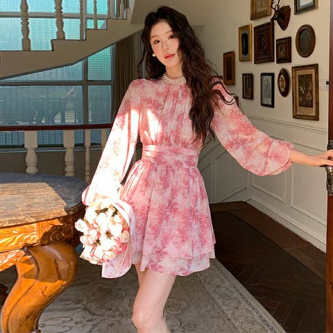 【韓国発】ピンクシフォンフレアスカート 楽天市場】フェミニンな雰囲気に包み込む花柄シフォンフレア