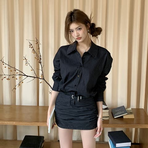 JS FASHION（ジェーエスファッション） | 黒ストライプ ベルト付き シャツ風 タイトミニワンピース 前ボタン シャツワンピース かっこいい カジュアル おしゃれ ショート丈 長袖 襟付き 普段着 S M Lサイズ 春夏 ブラック カクテルドレス タテストライプ ヨコボーダー