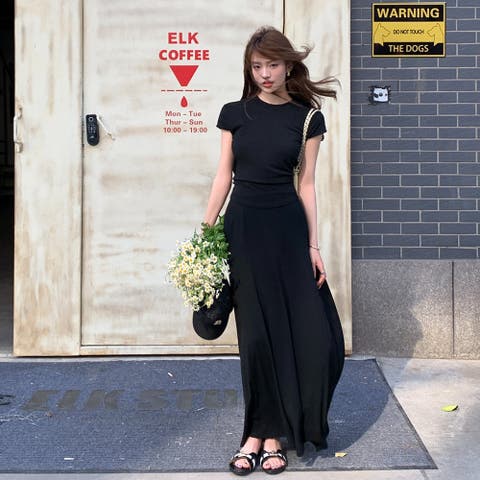 JS FASHION（ジェーエスファッション） | レディース2点セット ゆったり感 カジュアル 無地半袖トップス＆ロングスカート セットアップ かっこいい カジュアル おしゃれ ロング丈 半袖 ラウンドネック フレアライン 普段着 カクテルドレス S M Lサイズ 春夏 ブラック ダークグレー