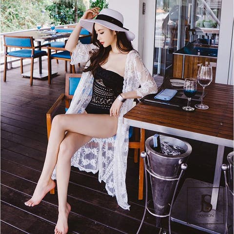 JS FASHION（ジェーエスファッション） | ビーチウェア・2色・レース刺繍・水着の上に着るビーチカーディガン・半袖・ベージュ/ホワイト/フリーサイズ/大人可愛い/大人カジュアル/水着と合わせて/リゾートワンピ/体型カバー/夏/ビーチ/海/旅行【180524】【JSファッション】【5月新作】