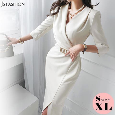 JS FASHION（ジェーエスファッション） | カシュクール風 Vネックワンピース パーティードレス タイト ワンピース 七分袖 ミディアム丈 きれいめ スリム 細見え 華やかおしゃれ 大人セクシー 大きいサイズ 上品 エレガント 結婚式 謝恩会 二次会 発表会 お呼ばれ 通勤 春服 春コーデ 春夏 レディース【230217】