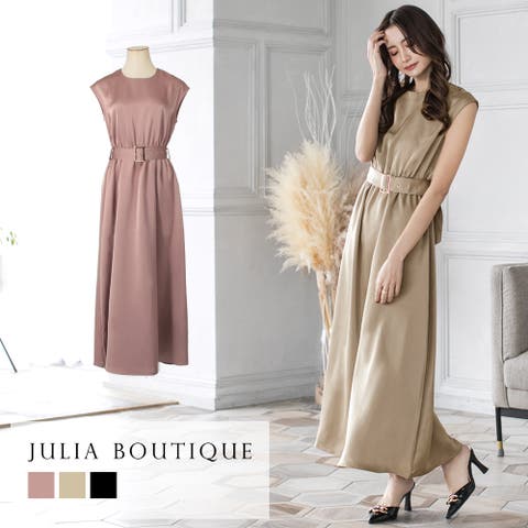 JULIA BOUTIQUE（ジュリアブティック） | バックルベルト付マットサテンロングワンピース [21028 ワンピース 春 きれいめ ロング レディース 韓国 黒 マキシ ノースリーブ ハイウエスト フレア サテン ブラック ピンク ベージュ 可愛い おしゃれ 大人 上品 オフィス 通勤 結婚式 顔合わせ マキシ丈ワンピ ]