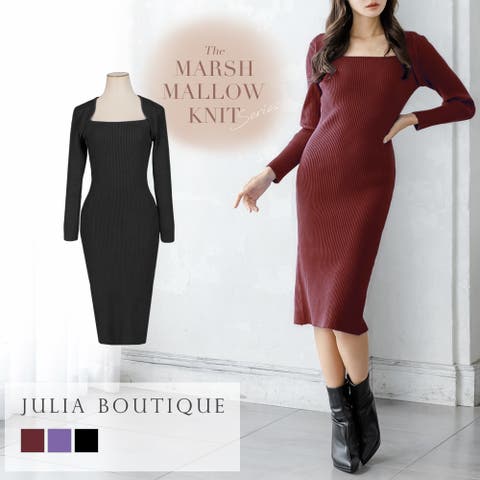 JULIA BOUTIQUE（ジュリアブティック） | デコルテオープンタイトリブニットワンピース [22634 ロングワンピース レディース ロング ミモレ 膝丈 長袖 スクエアネック スリット 無地]