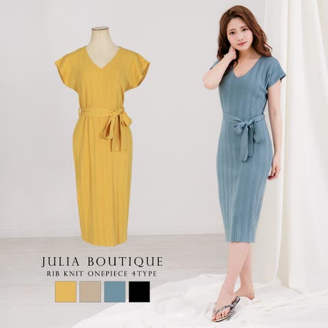 JULIA BOUTIQUE（ジュリアブティック） | ウエストリボンフレンチスリーブリブニットワンピース [510667 ワンピース 春 きれいめ 夏 ニットワンピース サマーニット リブ リブニット Vネック ニット レディース タイトワンピース 膝丈 ウエストリボン 半袖]