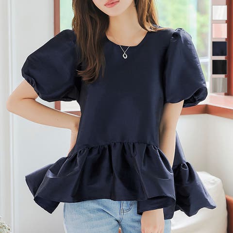 twill ラウンドペプラムボリュームブラウス（ペプラムトップス