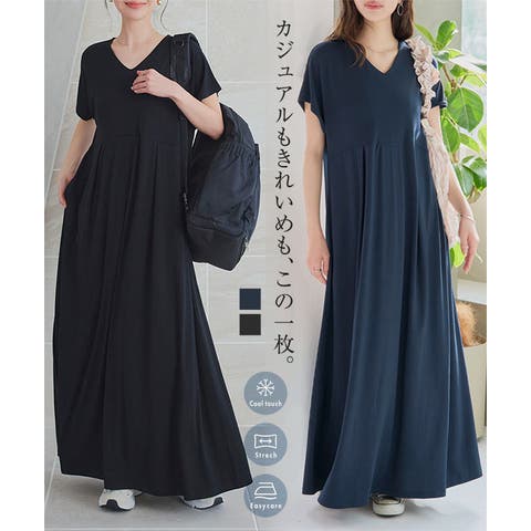 KOBE LETTUCE（コウベレタス） |  接触冷感 & シワ防止 加工付きウエストタックワンピース［E3394］涼しい 夏 シワになりにうい 楽ちん マキシワンピ リラックス 半袖 カットソー ひんやり 体型カバー