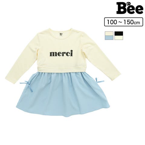 子供服Bee（コドモフクビー） | ドッキングワンピース ロゴ 長袖 リボン 異素材 切替え子供服 キッズ 女の子 春 秋 冬 韓国子供服
