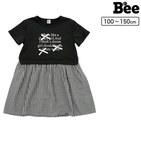子供服Bee（コドモフクビー） | ドッキングワンピース ロゴ リボン 異素材 ギンガムチェック 無地 重ね着風 春 夏 韓国子供服