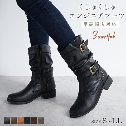 La luna （ラルーナ） | エンジニアブーツ レディース クロスベルト ショート 防滑ぺたんこ ルーズ アメカジ 太ヒール 黒 疲れない ミドル ハーフ丈 くしゅくしゅ フラット 歩きやすい 秋冬 3cm ローヒール 甲高 幅広 ワイド 楽