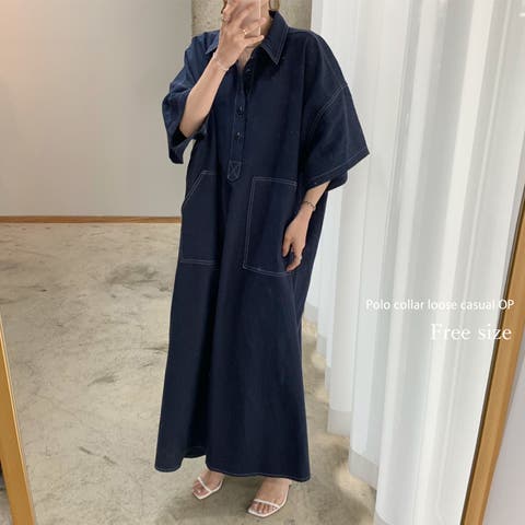 IRADOWL（アイラドール） | ワンピース ワンピ 夏ワンピース デニム風 シャツワンピース シャツワンピ ロング丈 スカート フレア 襟 ルーズ ゆったり オーバー パイピング 半袖 五分袖 シンプル 韓国 韓国ファッション 夏服 春 秋 オフィスカジュアル カジュアル ストリート ラフ フェミニン デート