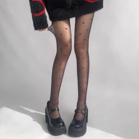 maison de LATIR（メゾン） | 2点セット ブラック＋ホワイト／ブラック＋レッド ハート柄シアータイツ 透け感レッグウェア タイツ レディース ストッキング 薄手 柄タイツ 黒 白 赤 美脚 ガーリー 韓国ファッション