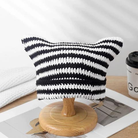 maison de LATIR（メゾン） | かぶるだけでこなれる、猫耳デザインニットキャップ ニット帽 レディース 猫耳 ネコ耳 ビーニー ニットキャップ 帽子 ざっくり編み ボーダー 無地 ブラック グレー 防寒 秋 冬 韓国 カジュアル かわいい