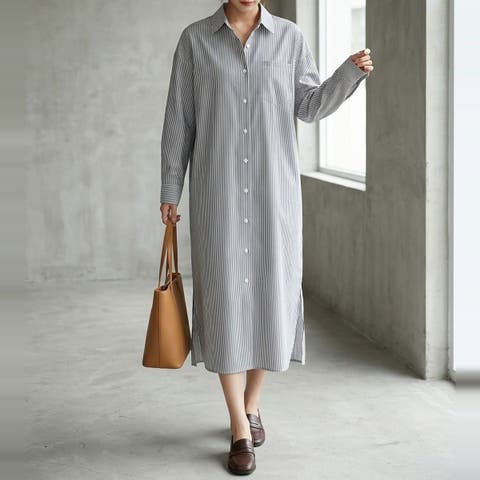 maison de LATIR（メゾン） | 一枚でも羽織りでも着回せる、ストライプロングシャツワンピース レディース ロングワンピース マキシワンピース ストライプ柄 長袖 ロングシャツ オーバーサイズ ビッグシルエット ゆったり スリット 前開き 体型カバー カジュアル ナチュラル
