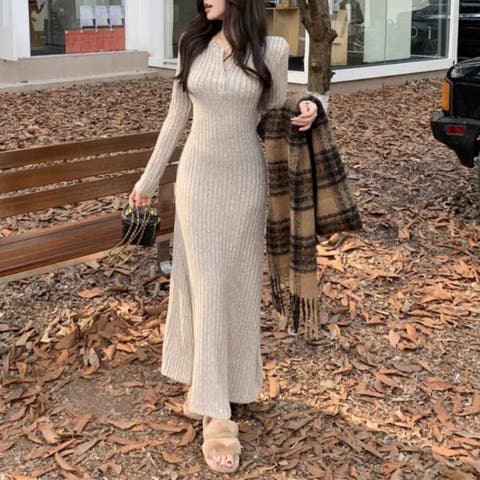maison de LATIR（メゾン） | 大人スタイルをやさしく彩るニットワンピース オフィス オフィスカジュアル 春 セクシー ホーム レディース 韓国 大きいサイズ 冬 冬服 レディース 20代 ロング丈 Vネック ロングシーズン リブニット スタイルアップ