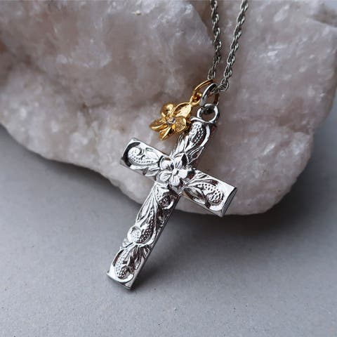 シルバー925銀のフローラル クロス十字架ペンダント ブラックジルコニア付/S＆A silver 【刻印無料】