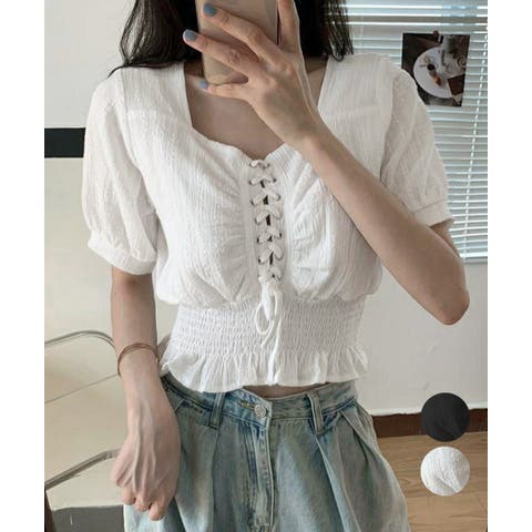 韓国ファッション レースアップデザイン 長袖シャツ トレンド セール】【ZOZO限定】シャーリングレーストップス／shirring