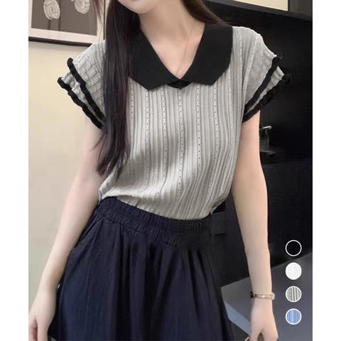 Miniministore（ミニミニストア） | フリル袖サマーニット ポロブラウス配色襟