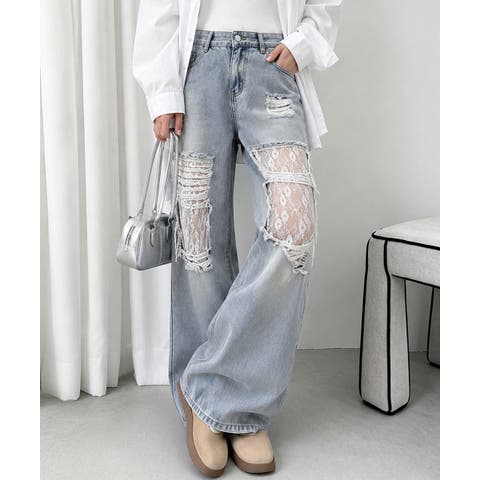 Miniministore（ミニミニストア） | レースダメージデニムパンツ ワイドパンツ
