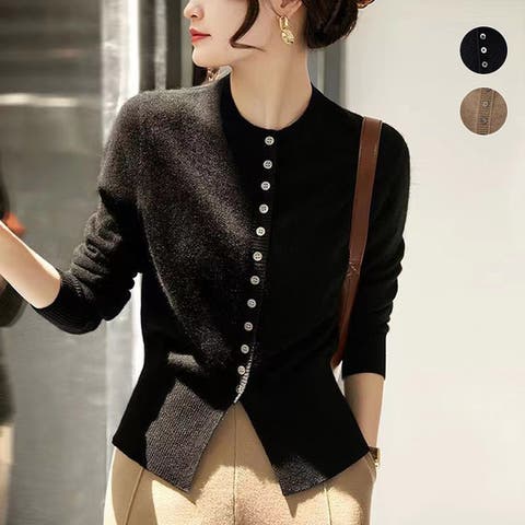 ミスウェディー（ミスウェディー） | ニット カーディガン レディース前開き レディース 春 秋  スリット カーデ トップス 長袖 Uネック ラウンドネック  きれいめ 着痩せ セーター トレンド エレガント お洒落 カジュアル  韓国 ファッション