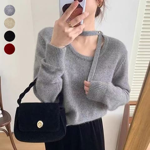 ミスウェディー（ミスウェディー） | クルーネック ニットカーディガン 長袖 レディース 秋 ネックリボン  長袖ニット セーター   ニット シンプル  お洒落 カジュアル オシャレ 黒 グレー 無地 きれいめ セクシー かわいい 春 秋 冬 韓国ファッション