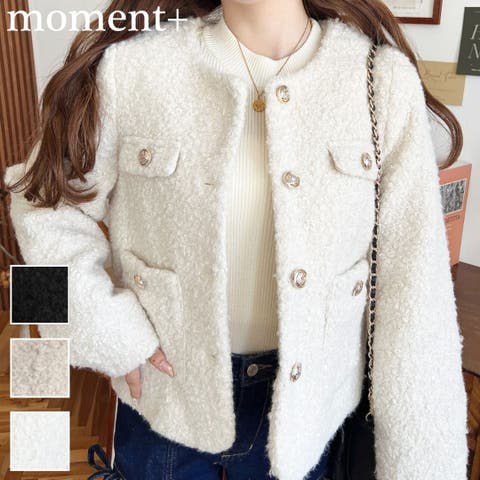 moment+（モーメントプラス） | 金ボタンノーカラージャケット　フェイクリングウール