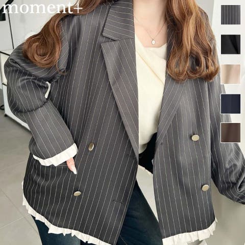 moment+（モーメントプラス） | マットゴールド釦配色フリルピンストライプWテーラージャケット