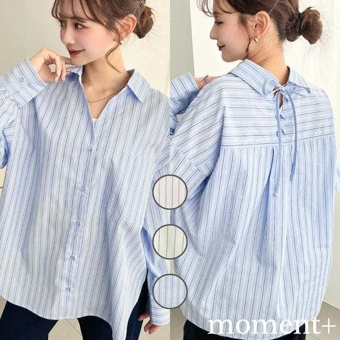 moment+（モーメントプラス） | マルチストライプ後ろ編み上げ長袖シャツ