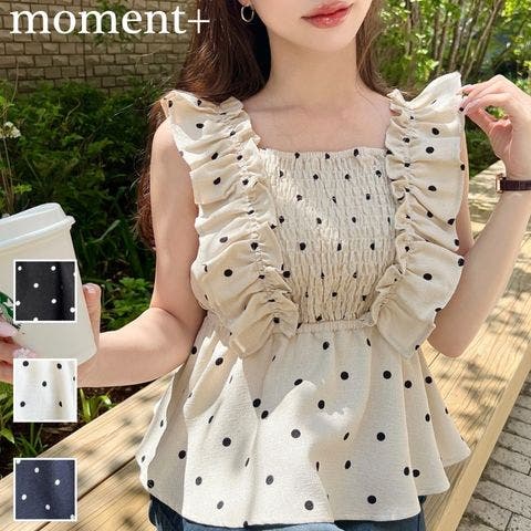 moment+（モーメントプラス） | リネンライクドットプリントシャーリングペプラムフリルブラウス